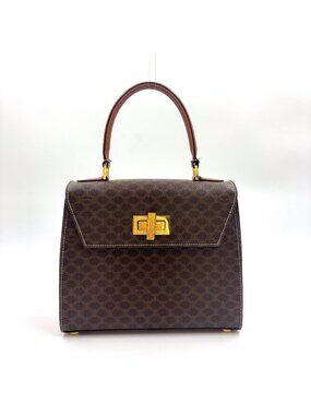 Celine Macadam Pattern Turnlock 2-Way Shoulder Leather Brown Handbag Gold